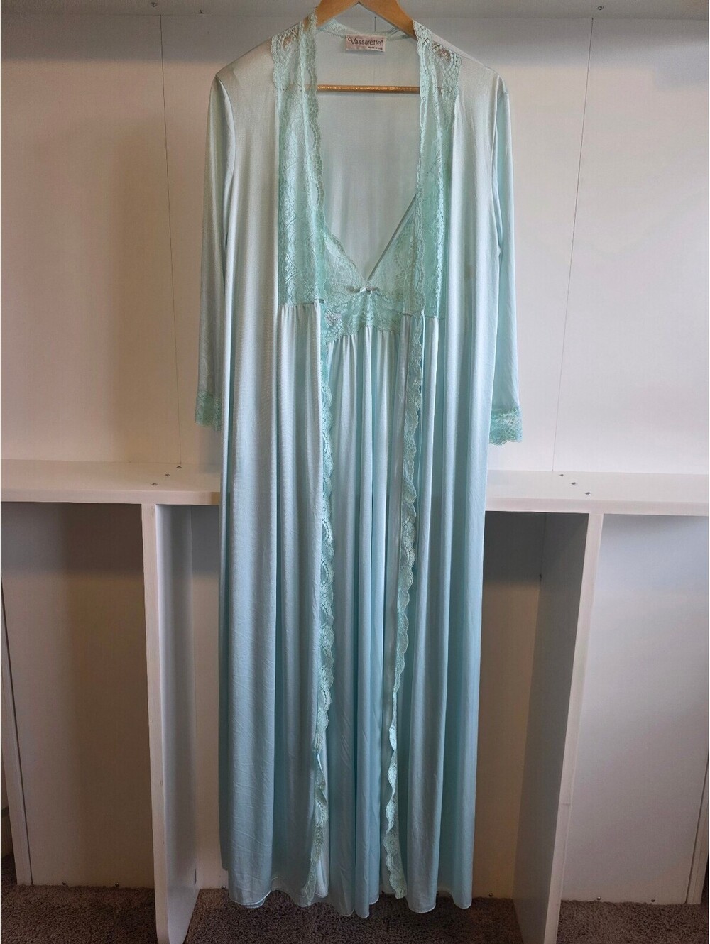 Vintage Vassarette Light Blue Lace Trim Nightgown and Robe Set Size Large.